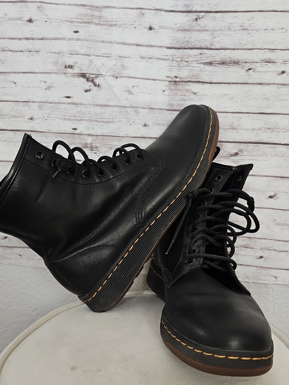 Dr. Martens Black Leather Lace-Up Ankle Boots with Contrast Stitching